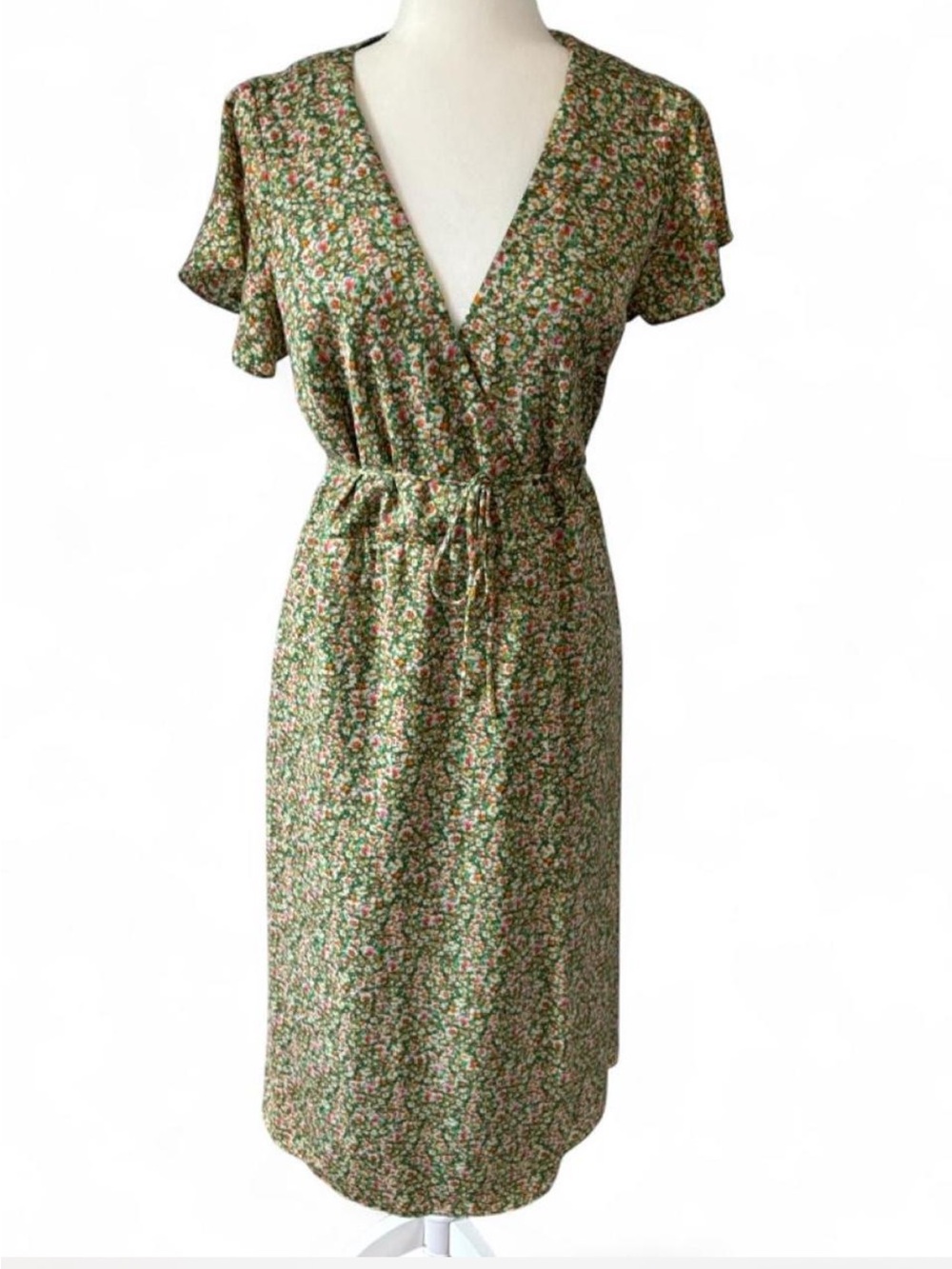 Lost + Wander Green Floral Wrap-Style Midi Dress Women's Wild Poppies Sz Small
